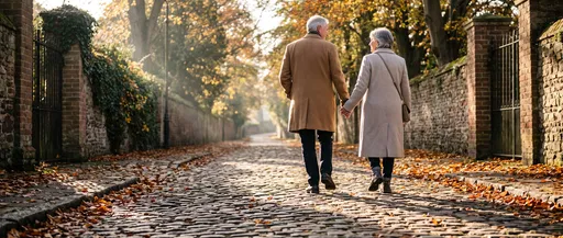 Senior Couple Walking on Autumn Cobblestone Path