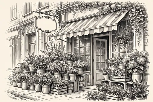 Monochrome Illustration of European Flower Shopfront