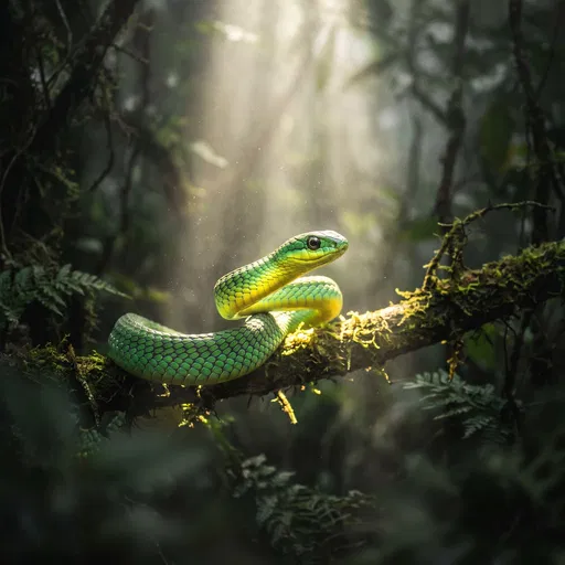 Green Boomslang Snake in Sunlit Forest