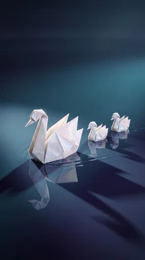 Origami Swan Mother and Cygnets on Water