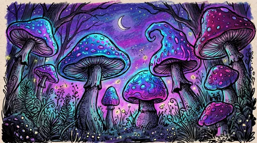 Whimsical Glowing Mushrooms Night Illustration