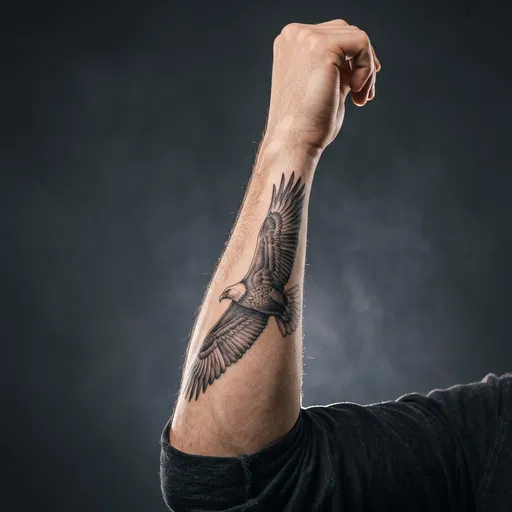 Man Showing Black and Grey Eagle Forearm Tattoo