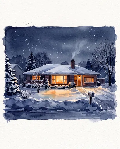 Watercolor Ranch House on Snowy Night