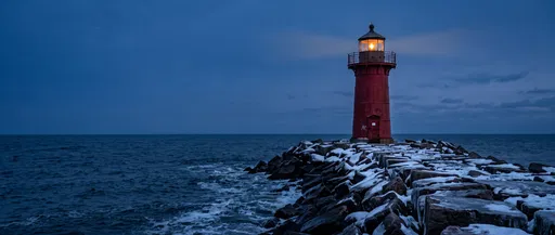 Red Lighthouse on Snowy Breakwater at Dusk