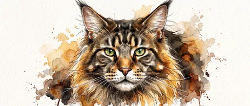 Watercolor and Ink Maine Coon Cat Portrait