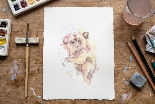 Watercolor Marmoset Sketch Flat Lay