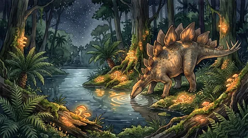 Watercolor Stegosaurus Drinking From Night Lagoon