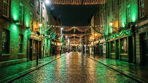 Green Lit Cobblestone Street at Night