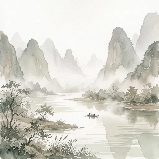 Misty Karst Mountains Watercolor Landscape