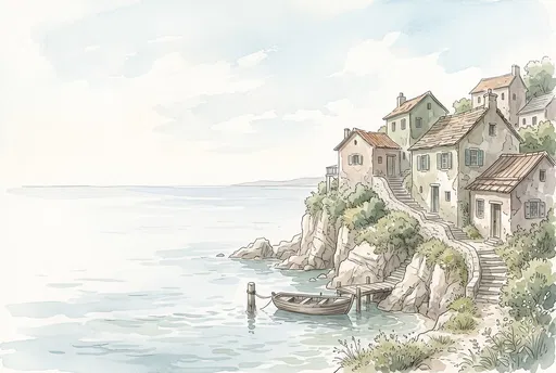 Watercolor Seaside Cliffside Village Illustration