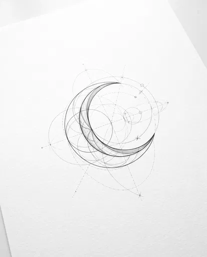 Geometric Crescent Moon Ink Drawing