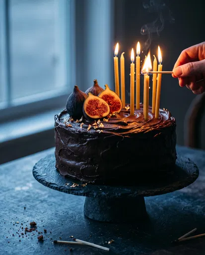 Chocolate Birthday Cake With Figs and Candles