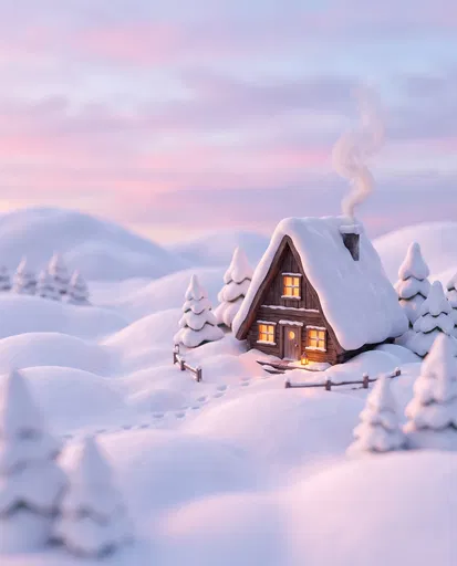 Miniature Cozy Cabin in Pastel Winter Snow