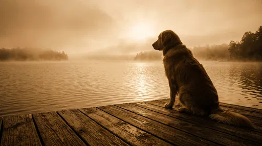 Golden Retriever on Dock at Sunrise