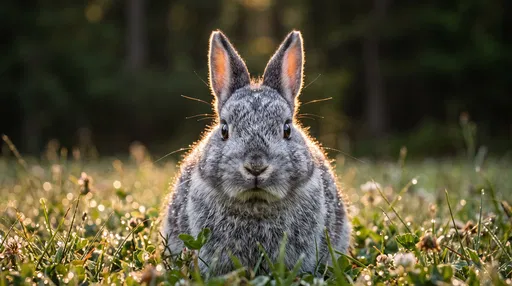 Gray Dwarf Rabbit in Dewy Field