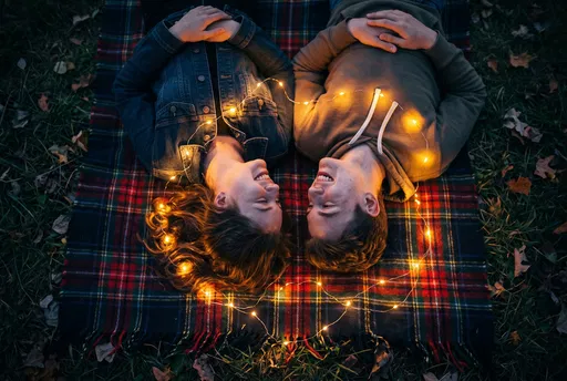 Teenagers Laughing on Blanket with Fairy Lights