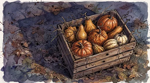 Watercolor Crate of Autumn Pumpkins and Gourds