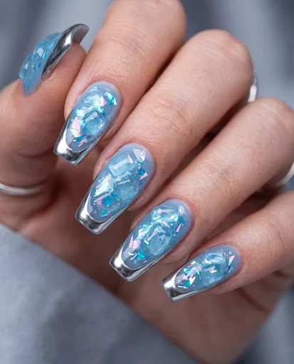 Blue Ice Cube Manicure With Silver Tips