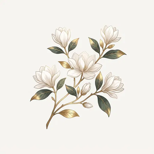 White Magnolia Branch with Gold Leaves