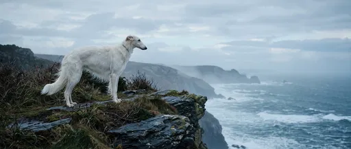 White Borzoi on Coastal Cliff
