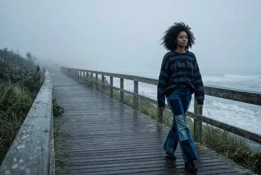 Woman Walking on Misty Coastal Boardwalk
