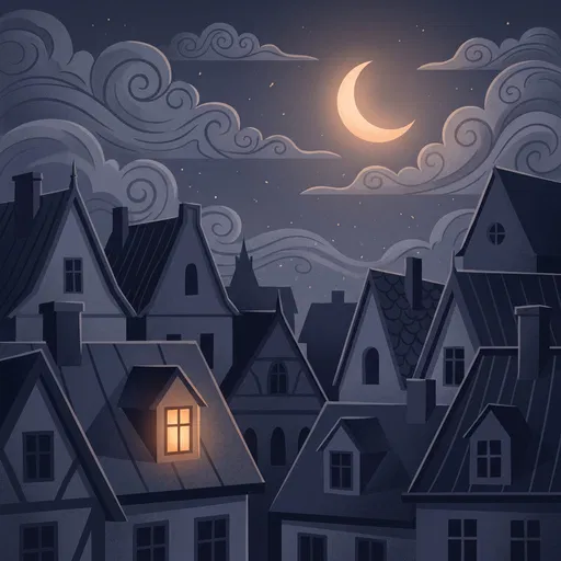 Nighttime European Rooftops Under Crescent Moon