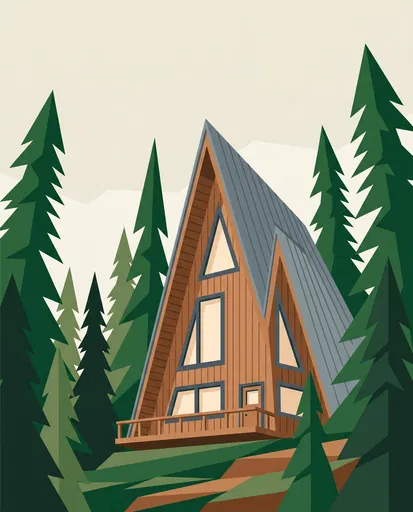 Geometric A-Frame Cabin in Pine Forest Illustration