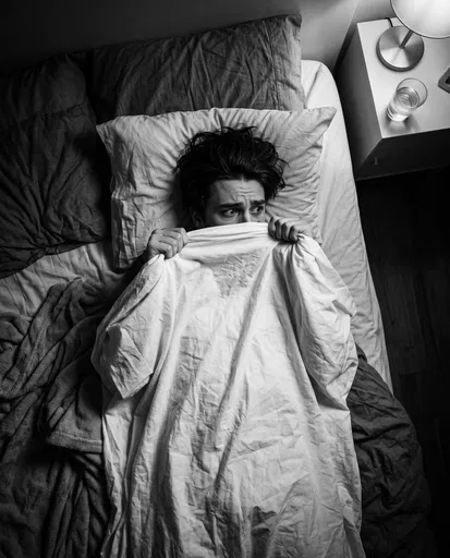 Scared Young Man Hiding Under Bedsheet