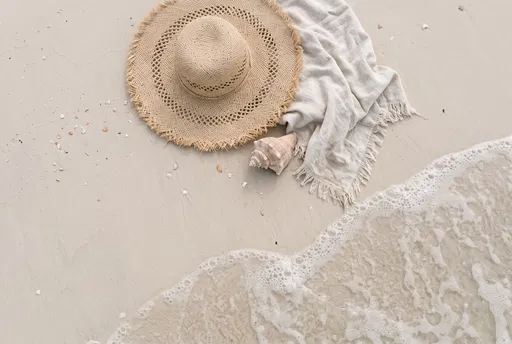 Straw Hat and Shell on Sandy Beach