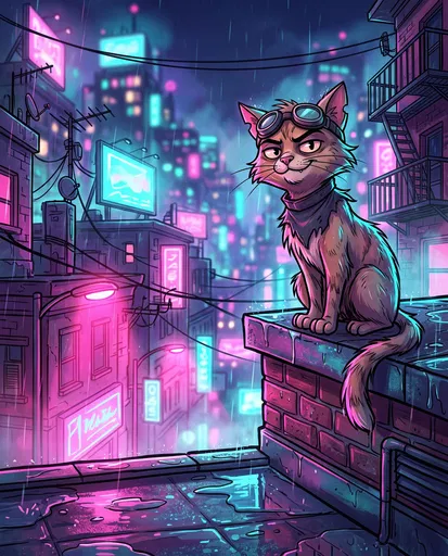 Cartoon Alley Cat on Neon Rooftop