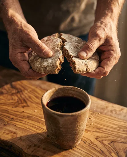 Hands Breaking Bread Over Clay Wine Cup