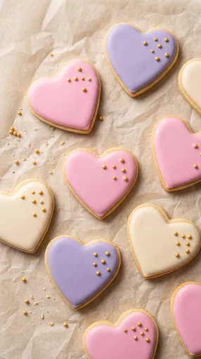 Pastel Iced Heart Cookies on Parchment