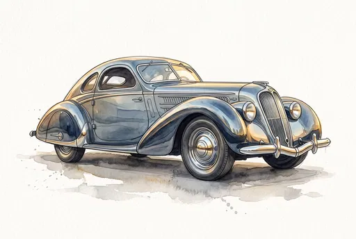 Watercolor Illustration of Vintage 1930s Blue Coupe