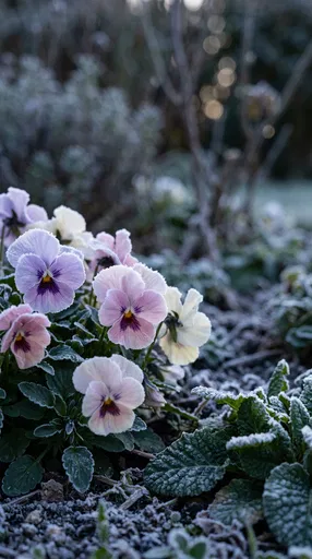 Frosted Pastel Pansies in Morning Garden