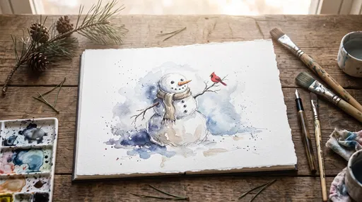Watercolor Snowman and Cardinal in Sketchbook