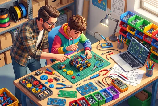 Mentor and Teen Building Robot at Workbench