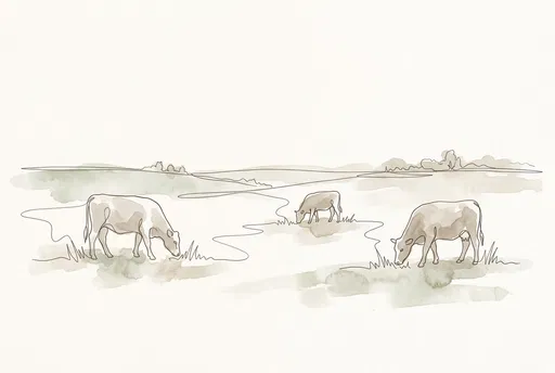 Minimalist Line Drawing of Grazing Cows