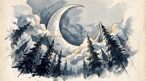 Crescent Moon Over Pine Trees Sketch