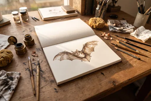 Sepia Bat Drawing on Artist Desk
