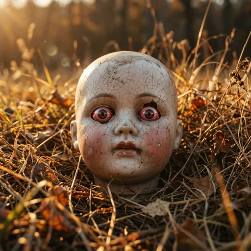 Creepy Cracked Porcelain Doll in Grass