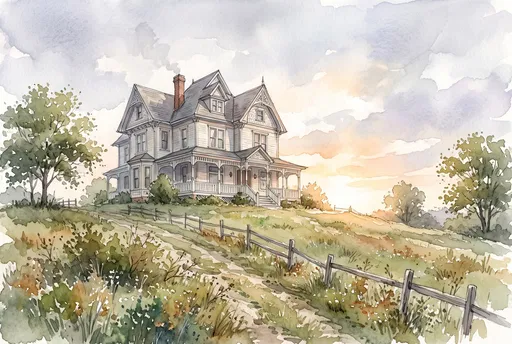 Watercolor Victorian Farmhouse on Hill at Sunrise