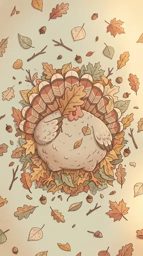 Cartoon Turkey Hiding Behind Oak Leaf