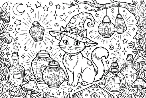 Whimsical Witch Cat Magical Coloring Page
