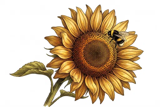 Botanical Sunflower Illustration With Bumblebee