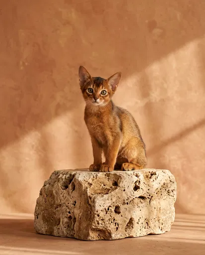 Abyssinian Kitten on Travertine Stone Block
