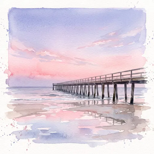 Watercolor Wooden Pier at Pastel Dusk