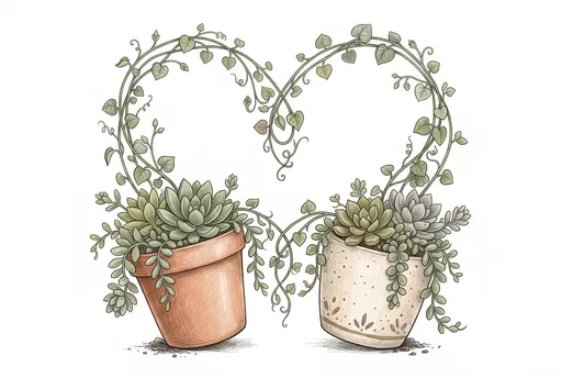 Potted Succulents With Heart Vines Illustration