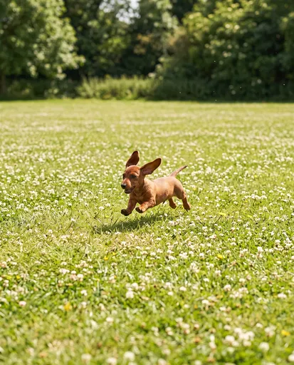 Dachshund Puppy Running in Clover Meadow