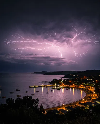 Pink Lightning Storm Over Coastal Bay