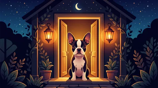 Boston Terrier In Glowing Doorway At Night